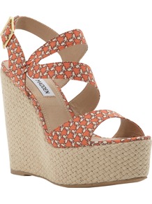 Jenny Espadrilles - secondary colour: ivory; predominant colour: coral; occasions: casual, holiday; material: fabric; ankle detail: ankle strap; heel: platform; toe: open toe/peeptoe; style: strappy; trends: modern geometrics; finish: plain; pattern: patterned/print; heel height: very high