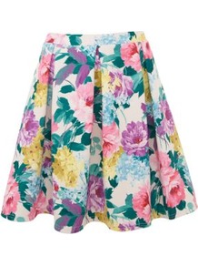 White Floral Skater Skirt - length: mid thigh; style: full/prom skirt; fit: loose/voluminous; waist: high rise; secondary colour: white; occasions: casual, evening, holiday; fibres: viscose/rayon - stretch; hip detail: structured pleats at hip; predominant colour: multicoloured; trends: high impact florals; pattern type: fabric; pattern size: big & busy; pattern: florals; texture group: other - light to midweight