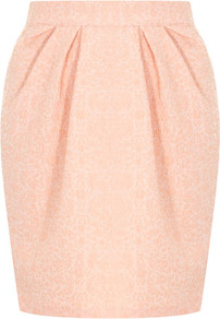Pink Jacquard Skirt - length: mid thigh; style: tulip; fit: tailored/fitted; waist: high rise; predominant colour: pink; occasions: evening, work; fibres: polyester/polyamide - stretch; hip detail: structured pleats at hip; texture group: ornate wovens; trends: volume; pattern type: fabric; pattern: florals