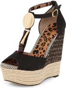 Jessica Simpson Black Beaded Wedges - secondary colour: ivory; predominant colour: black; occasions: casual, evening, holiday; material: fabric; heel height: high; embellishment: beading; ankle detail: ankle strap; heel: wedge; toe: open toe/peeptoe; style: standard; finish: plain; pattern: patterned/print