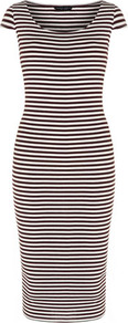 Fig And Ivory Midi Tube Dress - style: t-shirt; length: calf length; sleeve style: capped; fit: tight; pattern: horizontal stripes; secondary colour: ivory; predominant colour: black; occasions: casual, evening, holiday; neckline: scoop; fibres: viscose/rayon - stretch; sleeve length: short sleeve; texture group: jersey - clingy; pattern type: fabric; pattern size: standard