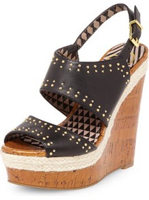 Jessica Simpson Black Leather Sandal Wedges - predominant colour: black; secondary colour: black; occasions: casual, occasion, holiday; material: leather; heel height: high; embellishment: studs; ankle detail: ankle strap; heel: wedge; toe: open toe/peeptoe; style: standard; finish: plain; pattern: plain