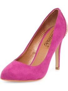 Timeless Pink Caged Heel Pointed Courts - predominant colour: hot pink; secondary colour: gold; occasions: evening, occasion; material: faux leather; heel height: high; heel: stiletto; toe: round toe; style: courts; finish: plain; pattern: plain; embellishment: chain/metal