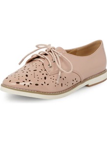 Nude Laser Cut Lace Up Brogues - predominant colour: nude; occasions: casual, work; material: faux leather; heel height: flat; toe: round toe; style: brogues; finish: patent; pattern: patterned/print
