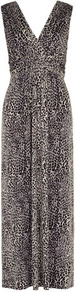 Animal Twist Knot Maxi Dress - neckline: low v-neck; fit: empire; sleeve style: sleeveless; style: maxi dress; length: ankle length; bust detail: knot twist front detail at bust; secondary colour: ivory; predominant colour: charcoal; occasions: evening, occasion, holiday; fibres: viscose/rayon - stretch; sleeve length: sleeveless; trends: statement prints; pattern type: fabric; pattern size: small & busy; pattern: animal print; texture group: other - stretchy