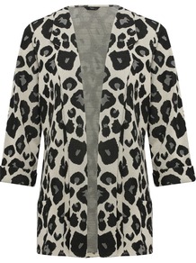 Women's Cropped Sleeve Giraffe Animal Print Jersey Blazer - style: single breasted blazer; collar: shawl/waterfall; length: below the bottom; predominant colour: light grey; secondary colour: black; occasions: casual, evening, work; fit: tailored/fitted; fibres: polyester/polyamide - stretch; sleeve length: long sleeve; sleeve style: standard; collar break: low/open; pattern type: fabric; pattern size: big & busy; pattern: animal print; texture group: other - light to midweight