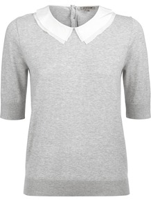 Cotton Silk Collar Sweater - pattern: plain; style: standard; secondary colour: white; predominant colour: light grey; occasions: casual, work; length: standard; fibres: cotton - mix; fit: standard fit; neckline: no opening/shirt collar/peter pan; sleeve length: half sleeve; sleeve style: standard; texture group: knits/crochet; pattern type: knitted - fine stitch