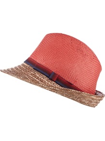 Chicago Trilby - predominant colour: coral; secondary colour: tan; occasions: casual, holiday; type of pattern: light; style: trilby; size: standard; material: macrame/raffia/straw; pattern: colourblock