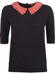Cotton Silk Collar Sweater - pattern: plain; style: standard; secondary colour: pink; predominant colour: navy; occasions: casual, evening, work; length: standard; fibres: cotton - 100%; fit: standard fit; neckline: no opening/shirt collar/peter pan; sleeve length: half sleeve; sleeve style: standard; texture group: knits/crochet; pattern type: knitted - fine stitch
