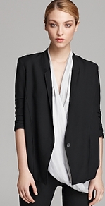 Helmut Blazer Slouchy Suiting - pattern: plain; style: single breasted tuxedo; collar: standard lapel/rever collar; predominant colour: black; occasions: evening, work, occasion; length: standard; fit: tailored/fitted; sleeve length: 3/4 length; sleeve style: standard; collar break: low/open; pattern type: fabric; texture group: woven light midweight; fibres: viscose/rayon - mix