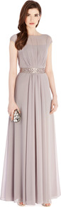 Lori Lee Maxi - neckline: slash/boat neckline; sleeve style: capped; pattern: plain; style: maxi dress; waist detail: embellishment at waist/feature waistband; bust detail: ruching/gathering/draping/layers/pintuck pleats at bust; predominant colour: light grey; occasions: evening, occasion; length: floor length; fit: fitted at waist & bust; fibres: polyester/polyamide - 100%; hip detail: soft pleats at hip/draping at hip/flared at hip; sleeve length: short sleeve; texture group: sheer fabrics/chiffon/organza etc.; pattern type: fabric; embellishment: beading