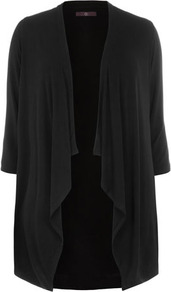 Black Jersey Cover Up - pattern: plain; neckline: waterfall neck; length: below the bottom; style: open front; predominant colour: black; occasions: casual; fibres: viscose/rayon - stretch; fit: loose; sleeve length: 3/4 length; sleeve style: standard; pattern type: fabric; texture group: jersey - stretchy/drapey
