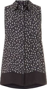 Grey Petal Print Sleeveless Shirt - neckline: shirt collar/peter pan/zip with opening; sleeve style: sleeveless; length: below the bottom; style: shirt; predominant colour: charcoal; occasions: casual; fibres: viscose/rayon - 100%; fit: straight cut; sleeve length: sleeveless; texture group: crepes; pattern type: fabric; pattern size: standard; pattern: patterned/print