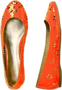 Patent Perforated Flats - predominant colour: bright orange; occasions: casual, work, holiday; material: leather; heel height: flat; toe: round toe; style: ballerinas / pumps; finish: patent; pattern: florals