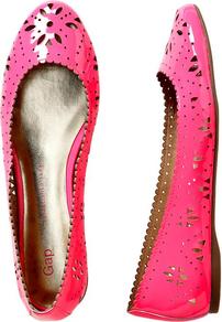 Patent Perforated Flats - predominant colour: hot pink; occasions: casual, holiday; material: leather; heel height: flat; toe: round toe; style: ballerinas / pumps; trends: fluorescent; finish: patent; pattern: florals