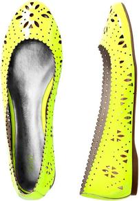 Patent Perforated Flats - predominant colour: yellow; occasions: casual, work, holiday; material: leather; heel height: flat; toe: round toe; style: ballerinas / pumps; trends: fluorescent; finish: patent; pattern: florals