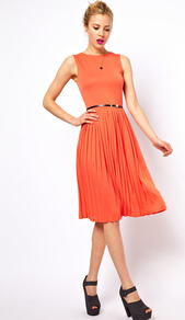 Sleeveless Midi Dress With Pleated Skirt And Belt - length: below the knee; pattern: plain; sleeve style: sleeveless; waist detail: belted waist/tie at waist/drawstring; predominant colour: bright orange; occasions: casual, evening, work; fit: fitted at waist & bust; style: fit & flare; fibres: polyester/polyamide - 100%; neckline: crew; hip detail: structured pleats at hip; sleeve length: sleeveless; texture group: sheer fabrics/chiffon/organza etc.; trends: volume; pattern type: fabric