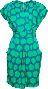 Closet Big Spot Dress - style: faux wrap/wrap; neckline: v-neck; sleeve style: dolman/batwing; fit: fitted at waist; waist detail: fitted waist; secondary colour: royal blue; predominant colour: emerald green; occasions: casual, work; length: just above the knee; fibres: polyester/polyamide - 100%; hip detail: sculpting darts/pleats/seams at hip; sleeve length: short sleeve; trends: statement prints; bust detail: tiers/frills/bulky drapes/pleats; pattern type: fabric; pattern size: big & busy; pattern: patterned/print; texture group: other - light to midweight