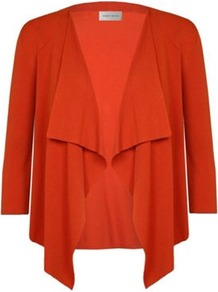 Waterfall Cardigan - pattern: plain; neckline: waterfall neck; style: open front; predominant colour: bright orange; occasions: casual, work, occasion; length: standard; fit: loose; sleeve length: 3/4 length; sleeve style: standard; texture group: knits/crochet; pattern type: knitted - fine stitch; fibres: viscose/rayon - mix