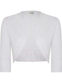 Back Gather Cardigan - pattern: plain; style: bolero/shrug; length: cropped; neckline: collarless open; predominant colour: white; occasions: casual, evening, occasion, holiday; fibres: linen - mix; fit: slim fit; sleeve length: 3/4 length; sleeve style: standard; texture group: knits/crochet; pattern type: knitted - fine stitch