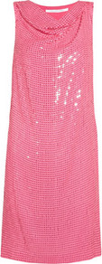 Mariah Sequined Silk Chiffon Dress - style: shift; neckline: cowl/draped neck; pattern: plain; sleeve style: sleeveless; bust detail: ruching/gathering/draping/layers/pintuck pleats at bust; predominant colour: pink; occasions: evening, occasion; length: just above the knee; fit: body skimming; fibres: silk - 100%; sleeve length: sleeveless; trends: fluorescent; pattern type: fabric; texture group: woven light midweight; embellishment: sequins