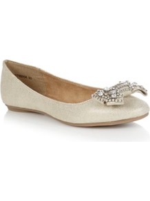 Gold Diamante Bow Ballet Pumps - secondary colour: silver; predominant colour: champagne; occasions: casual, holiday; material: faux leather; heel height: flat; embellishment: crystals; toe: round toe; style: ballerinas / pumps; trends: metallics; finish: metallic; pattern: plain
