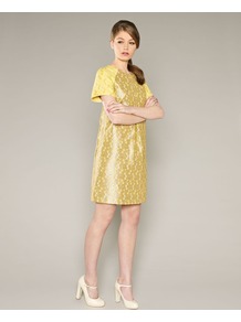 Fearne Shift Dress - style: shift; neckline: round neck; shoulder detail: contrast pattern/fabric at shoulder; predominant colour: yellow; secondary colour: mustard; occasions: evening, work, occasion; length: just above the knee; fit: soft a-line; fibres: polyester/polyamide - mix; sleeve length: short sleeve; sleeve style: standard; trends: glamorous day shifts; pattern type: fabric; pattern size: small & busy; pattern: patterned/print; texture group: brocade/jacquard