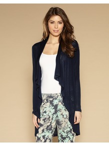 Iris Coverup - pattern: plain; style: single breasted blazer; collar: shawl/waterfall; fit: loose; length: below the bottom; predominant colour: navy; occasions: casual; fibres: viscose/rayon - 100%; bust detail: contrast pattern/fabric/detail at bust; sleeve length: long sleeve; sleeve style: standard; texture group: knits/crochet; collar break: low/open; pattern type: knitted - fine stitch