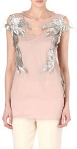 Aymelin Top - neckline: round neck; sleeve style: dolman/batwing; pattern: plain; bust detail: added detail/embellishment at bust; predominant colour: nude; secondary colour: silver; occasions: evening, occasion; length: standard; style: top; fibres: viscose/rayon - 100%; fit: body skimming; shoulder detail: added shoulder detail; sleeve length: short sleeve; pattern type: fabric; texture group: net/tulle; embellishment: sequins
