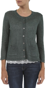 Verse Linen Cardigan - neckline: round neck; pattern: plain; bust detail: buttons at bust (in middle at breastbone)/zip detail at bust; predominant colour: dark green; occasions: casual; length: standard; style: standard; fibres: linen - 100%; fit: standard fit; waist detail: front pockets at waist level; sleeve length: 3/4 length; sleeve style: standard; texture group: knits/crochet; pattern type: knitted - other