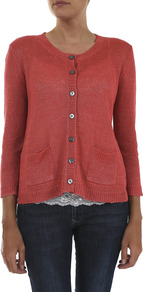 Verse Linen Cardigan - neckline: round neck; pattern: plain; bust detail: buttons at bust (in middle at breastbone)/zip detail at bust; predominant colour: terracotta; occasions: casual; length: standard; style: standard; fibres: linen - 100%; fit: standard fit; waist detail: front pockets at waist level; sleeve length: long sleeve; sleeve style: standard; texture group: knits/crochet; pattern type: knitted - other