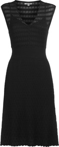 Geo Pointelle Knit Dress - style: shift; length: mid thigh; neckline: low v-neck; sleeve style: capped; pattern: plain; predominant colour: black; occasions: casual; fit: body skimming; fibres: acrylic - 100%; sleeve length: sleeveless; texture group: knits/crochet; pattern type: knitted - big stitch