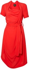 Daisy Silk Self Belt Dress - style: shift; neckline: cowl/draped neck; fit: fitted at waist; pattern: plain; waist detail: belted waist/tie at waist/drawstring; bust detail: ruching/gathering/draping/layers/pintuck pleats at bust; predominant colour: coral; occasions: casual, evening, work, occasion; length: on the knee; fibres: viscose/rayon - 100%; hip detail: soft pleats at hip/draping at hip/flared at hip; shoulder detail: flat/draping pleats/ruching/gathering at shoulder; sleeve length: short sleeve; sleeve style: standard; pattern type: fabric; texture group: jersey - stretchy/drapey