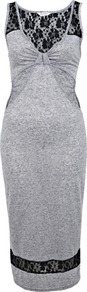 Lace Knot Midi Dress - length: calf length; neckline: low v-neck; sleeve style: standard vest straps/shoulder straps; fit: tight; pattern: plain; style: bodycon; shoulder detail: contrast pattern/fabric at shoulder; back detail: contrast pattern/fabric at back; bust detail: ruching/gathering/draping/layers/pintuck pleats at bust; predominant colour: mid grey; occasions: evening; fibres: polyester/polyamide - mix; sleeve length: sleeveless; texture group: jersey - clingy; pattern type: fabric; embellishment: lace
