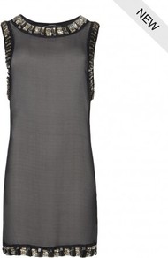 Josselin Dress - style: shift; length: mid thigh; neckline: slash/boat neckline; pattern: plain; sleeve style: sleeveless; bust detail: added detail/embellishment at bust; predominant colour: black; occasions: evening; fit: straight cut; fibres: silk - 100%; sleeve length: sleeveless; texture group: sheer fabrics/chiffon/organza etc.; pattern type: fabric; embellishment: crystals