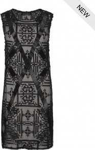 Lace Flag Tank Dress - style: shift; length: mid thigh; neckline: round neck; sleeve style: sleeveless; predominant colour: black; occasions: evening; fit: straight cut; fibres: nylon - 100%; sleeve length: sleeveless; texture group: sheer fabrics/chiffon/organza etc.; pattern type: fabric; pattern size: small & busy; pattern: patterned/print; embellishment: beading
