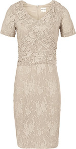 Gardena Lace Dress - style: shift; neckline: v-neck; fit: tailored/fitted; bust detail: ruching/gathering/draping/layers/pintuck pleats at bust; predominant colour: stone; occasions: evening; length: just above the knee; fibres: polyester/polyamide - 100%; sleeve length: short sleeve; sleeve style: standard; texture group: lace; pattern type: fabric