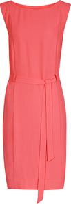 West Belted Shift Dress - style: shift; neckline: slash/boat neckline; fit: tailored/fitted; pattern: plain; sleeve style: sleeveless; waist detail: belted waist/tie at waist/drawstring; predominant colour: coral; length: just above the knee; occasions: occasion; sleeve length: sleeveless; texture group: crepes; pattern type: fabric; fibres: viscose/rayon - mix