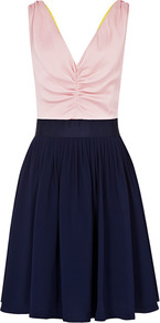 Priya Colour Block Dress - length: mid thigh; neckline: low v-neck; pattern: plain; sleeve style: sleeveless; style: prom dress; waist detail: fitted waist; bust detail: ruching/gathering/draping/layers/pintuck pleats at bust; secondary colour: blush; predominant colour: navy; occasions: evening; fit: fitted at waist & bust; fibres: silk - 100%; hip detail: contrast fabric/print detail at hip; sleeve length: sleeveless; texture group: crepes; pattern type: fabric
