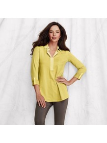 Yellow Womens Johnny Collar Tunic - neckline: shirt collar/peter pan/zip with opening; pattern: plain; length: below the bottom; style: blouse; predominant colour: primrose yellow; secondary colour: primrose yellow; occasions: casual, evening, work, holiday; fibres: cotton - stretch; fit: straight cut; hip detail: dip hem; bust detail: contrast pattern/fabric/detail at bust; sleeve length: 3/4 length; sleeve style: standard; pattern type: fabric; texture group: jersey - stretchy/drapey