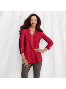 Red Womens Johnny Collar Tunic - neckline: shirt collar/peter pan/zip with opening; pattern: plain; length: below the bottom; style: blouse; predominant colour: true red; occasions: casual, evening, work; fibres: cotton - mix; fit: loose; bust detail: contrast pattern/fabric/detail at bust; sleeve length: 3/4 length; sleeve style: standard; pattern type: fabric; texture group: jersey - stretchy/drapey; secondary colour: dusky pink