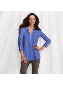 Blue Womens Johnny Collar Tunic - neckline: shirt collar/peter pan/zip with opening; pattern: plain; length: below the bottom; style: tunic; predominant colour: royal blue; secondary colour: denim; occasions: casual, work, holiday; fibres: cotton - stretch; fit: straight cut; bust detail: contrast pattern/fabric/detail at bust; sleeve length: 3/4 length; sleeve style: standard; texture group: cotton feel fabrics; pattern type: fabric