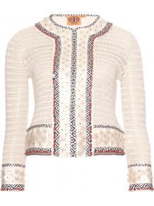 Donovan Embellished Crochet Knit Jacket - pattern: plain; style: single breasted blazer; collar: round collar/collarless; fit: slim fit; predominant colour: ivory; secondary colour: navy; occasions: casual, evening, work, occasion; length: standard; fibres: linen - 100%; sleeve length: long sleeve; sleeve style: standard; collar break: high; pattern type: fabric; pattern size: light/subtle; texture group: tweed - light/midweight; embellishment: beading