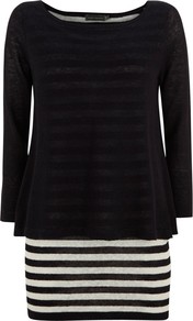 Layered Jumper, Navy/White - neckline: round neck; pattern: horizontal stripes; length: below the bottom; style: tunic; secondary colour: white; predominant colour: navy; occasions: casual; fibres: linen - 100%; fit: standard fit; sleeve length: long sleeve; sleeve style: standard; texture group: knits/crochet; hip detail: ruffles/tiers/tie detail at hip; pattern type: knitted - fine stitch; pattern size: standard