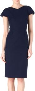 Alexandria Dress - style: shift; neckline: v-neck; fit: tailored/fitted; pattern: plain; predominant colour: navy; occasions: evening, work, occasion; length: on the knee; fibres: cotton - stretch; sleeve length: short sleeve; sleeve style: standard; pattern type: fabric; texture group: other - stretchy