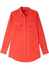 Passion Coral Silk Collared Blouse - neckline: shirt collar/peter pan/zip with opening; pattern: plain; length: below the bottom; style: shirt; bust detail: pocket detail at bust; predominant colour: bright orange; occasions: casual, evening, work; fit: straight cut; sleeve length: long sleeve; sleeve style: standard; texture group: silky - light; pattern type: fabric; fibres: silk - stretch