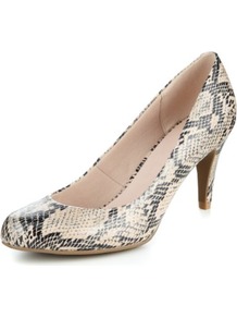 Faux Snakeskin Design Court Shoes - predominant colour: stone; secondary colour: black; occasions: work; material: faux leather; heel height: high; heel: stiletto; toe: round toe; style: courts; finish: plain; pattern: animal print; brand specific: wide fit