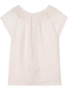Hoops Pleat Detail Top - neckline: round neck; sleeve style: capped; pattern: plain; predominant colour: ivory; occasions: casual, work, occasion; length: standard; style: top; fibres: silk - 100%; fit: straight cut; sleeve length: short sleeve; texture group: silky - light; bust detail: tiers/frills/bulky drapes/pleats; pattern type: fabric