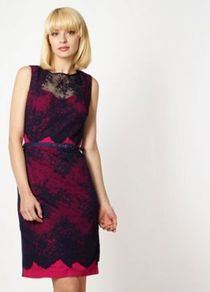 Designer Navy Contrasting Lace Dress - style: shift; fit: tailored/fitted; sleeve style: sleeveless; waist detail: belted waist/tie at waist/drawstring; back detail: contrast pattern/fabric at back; secondary colour: hot pink; predominant colour: navy; occasions: evening, work, occasion; length: just above the knee; fibres: polyester/polyamide - mix; neckline: crew; sleeve length: sleeveless; texture group: crepes; trends: glamorous day shifts; pattern type: fabric; pattern size: standard; pattern: colourblock; embellishment: lace