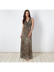 Designer Natural Animal Maxi Dress - neckline: low v-neck; sleeve style: sleeveless; style: maxi dress; bust detail: added detail/embellishment at bust; predominant colour: tan; occasions: evening, occasion; length: floor length; fit: body skimming; fibres: polyester/polyamide - 100%; sleeve length: sleeveless; texture group: sheer fabrics/chiffon/organza etc.; pattern type: fabric; pattern size: small & busy; pattern: animal print; embellishment: beading